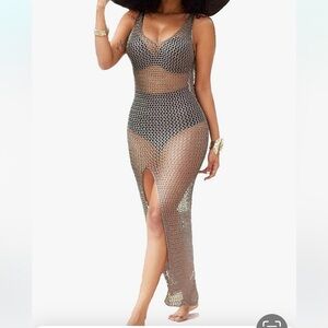 NWT DOSE beige/gold  mesh, maxi sleeveless swim coverup, Size L
